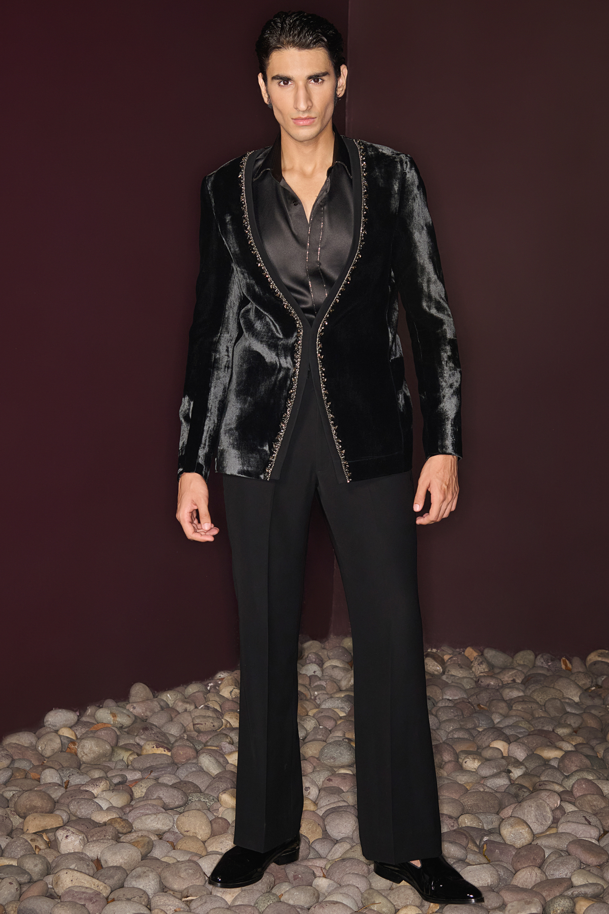 Black Silk Velvet Embroidered Single-Breasted Tuxedo Set by Contrast By Parth at Pernia's Pop Up Shop