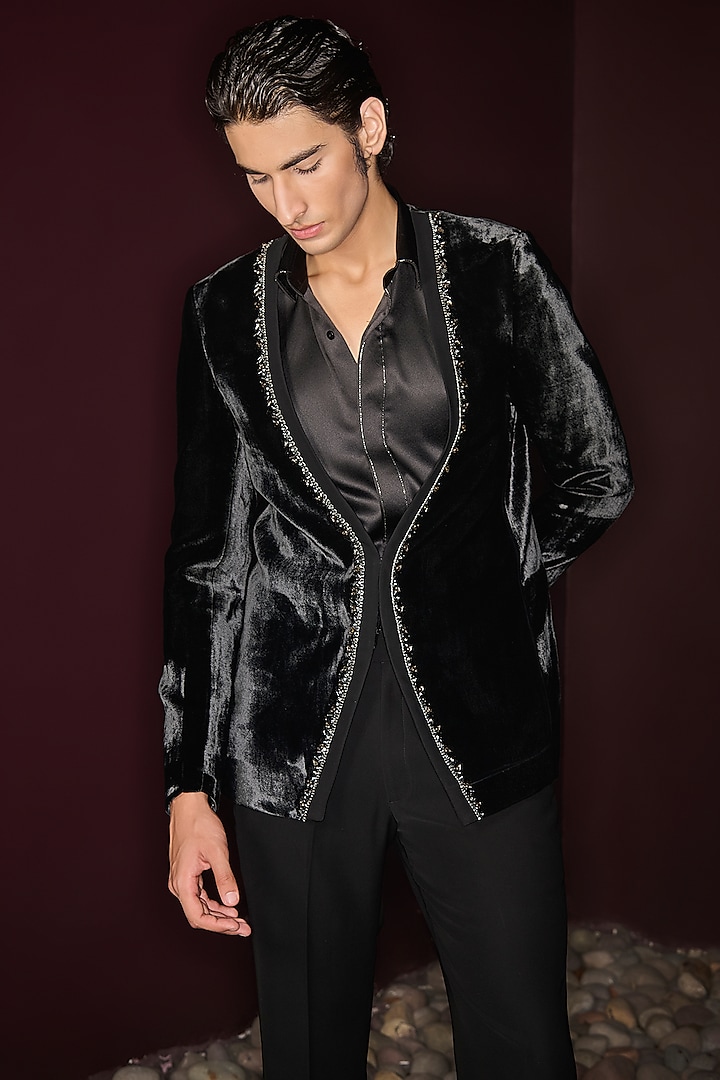 Black Silk Velvet Embroidered Single-Breasted Tuxedo Set by Contrast By Parth at Pernia's Pop Up Shop