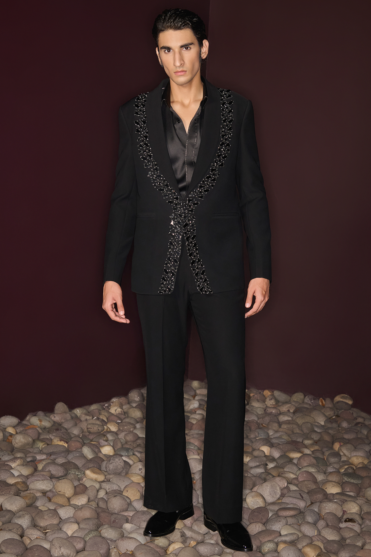 Black Premium Lycra Suiting Glass Stone Embellished Tuxedo Set by Contrast By Parth