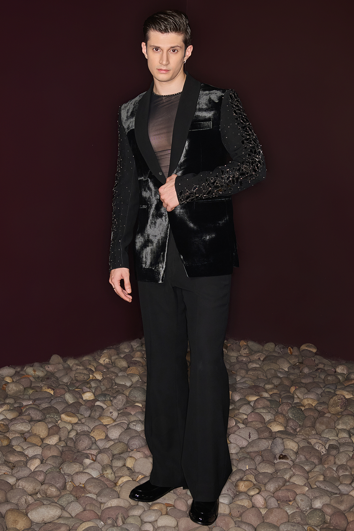 Black Silk Velvet & Premium Lycra Suiting Embellished Tuxedo Set by Contrast By Parth