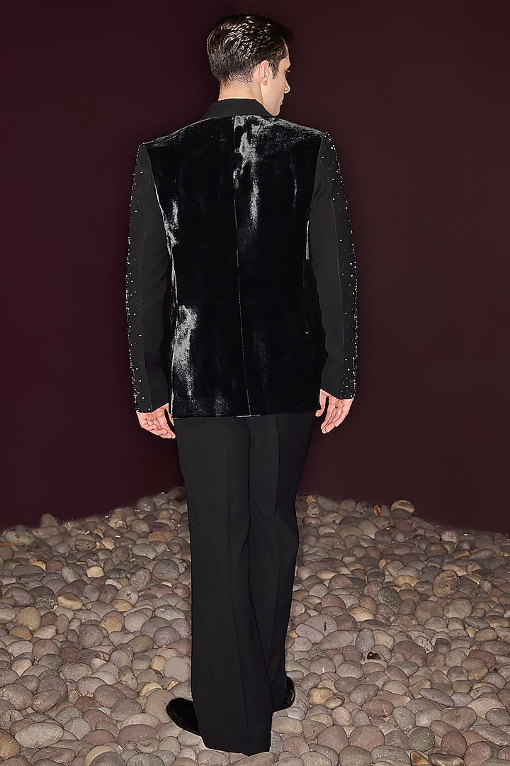 Black Silk Velvet & Premium Lycra Suiting Embellished Tuxedo Set by Contrast By Parth at Pernia's Pop Up Shop