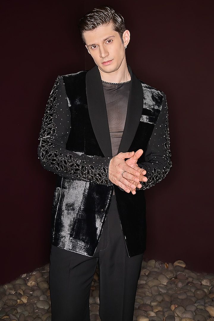 Black Silk Velvet & Premium Lycra Suiting Embellished Tuxedo Set by Contrast By Parth at Pernia's Pop Up Shop