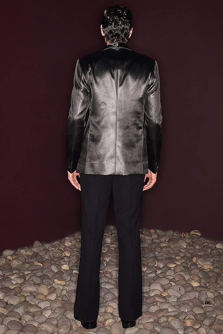 Black Textured Suiting Tuxedo Set by Contrast By Parth at Pernia's Pop Up Shop
