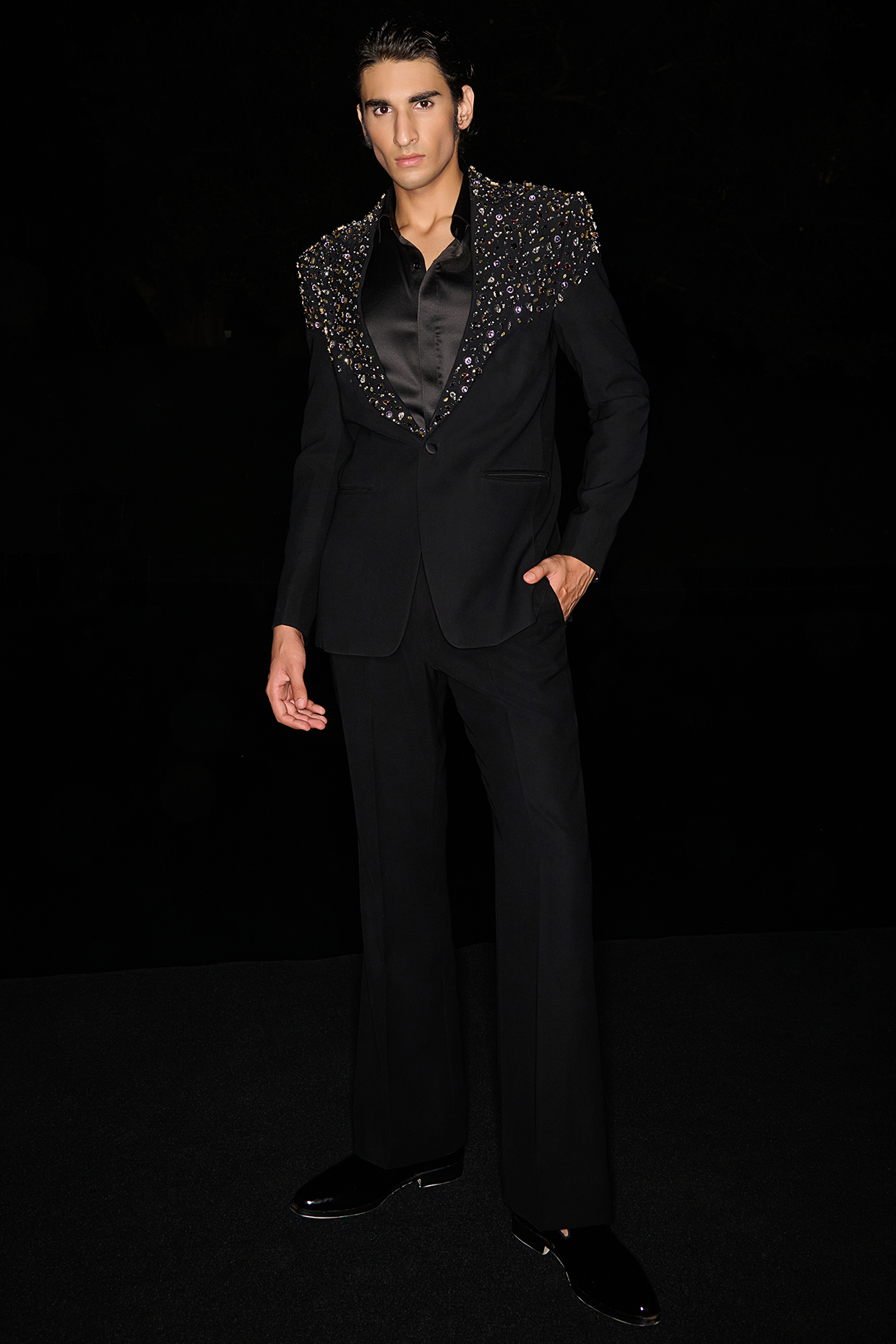Black Premium Lycra Suiting Crystal Embellished Tuxedo Set by Contrast By Parth