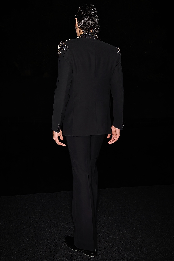 Black Premium Lycra Suiting Crystal Embellished Tuxedo Set by Contrast By Parth at Pernia's Pop Up Shop