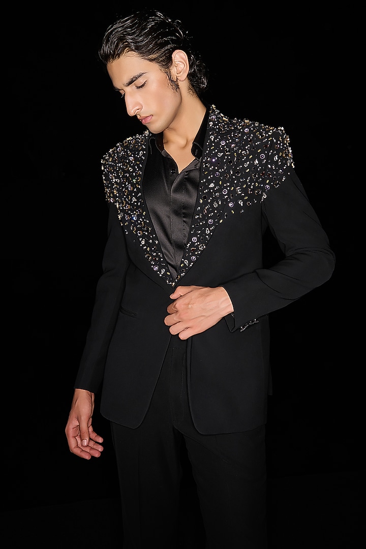 Black Premium Lycra Suiting Crystal Embellished Tuxedo Set by Contrast By Parth at Pernia's Pop Up Shop