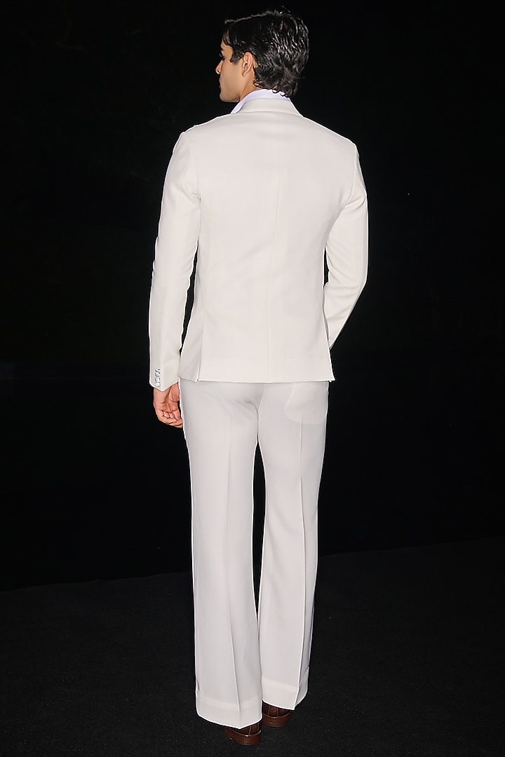 Off-White Premium Lycra Suiting Cutdana Embellished Tuxedo Set by Contrast By Parth at Pernia's Pop Up Shop