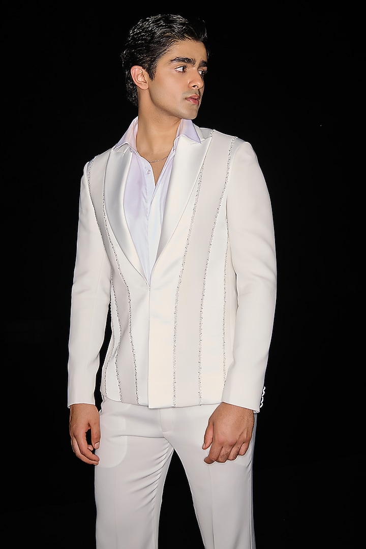Off-White Premium Lycra Suiting Cutdana Embellished Tuxedo Set by Contrast By Parth at Pernia's Pop Up Shop