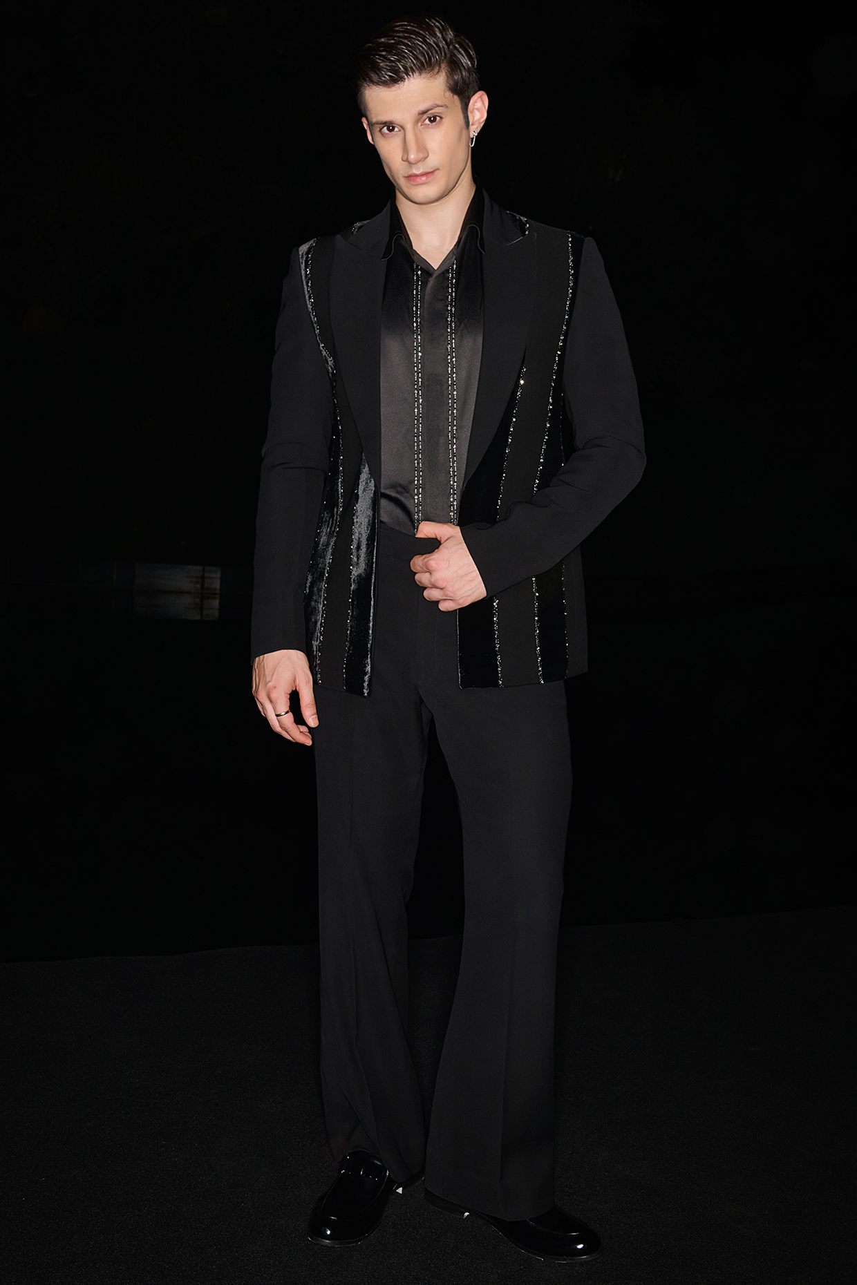 Black Premium Lycra Suiting Stone Work Tuxedo Set by Contrast By Parth