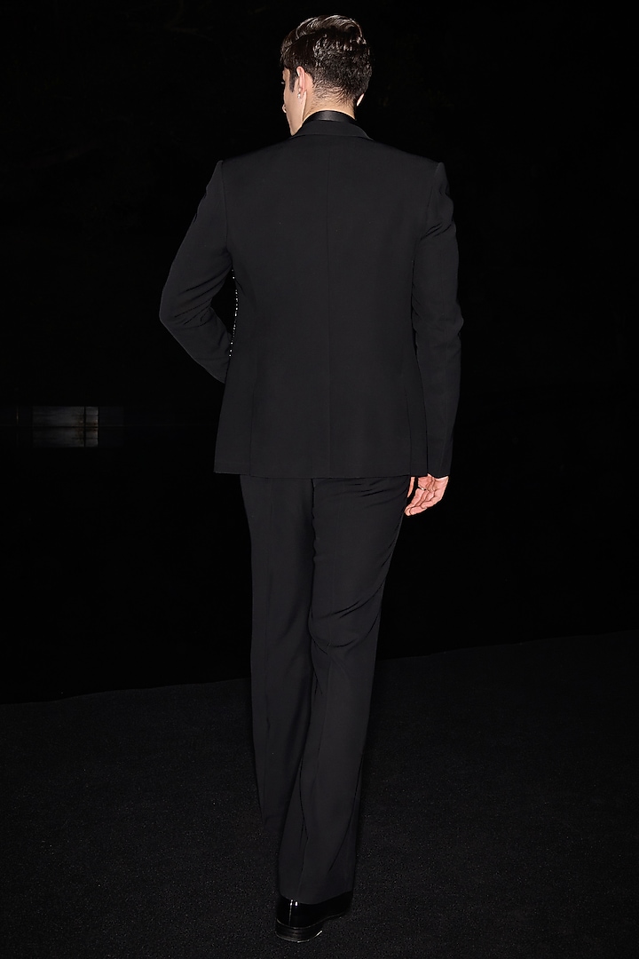 Black Premium Lycra Suiting Stone Work Tuxedo Set by Contrast By Parth at Pernia's Pop Up Shop