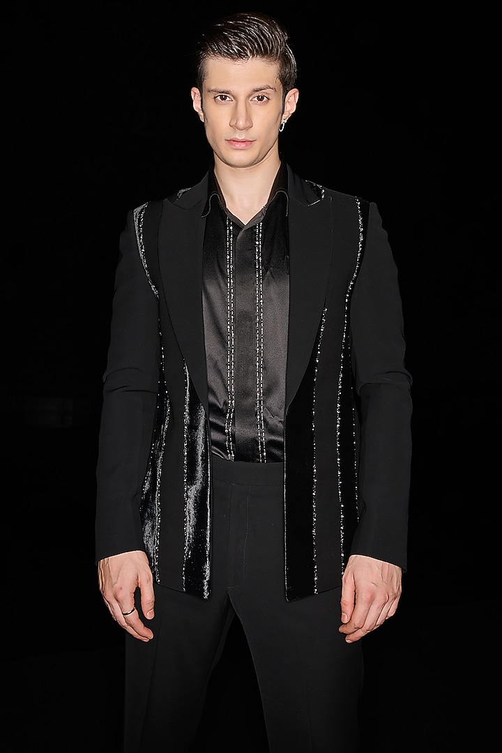 Black Premium Lycra Suiting Stone Work Tuxedo Set by Contrast By Parth at Pernia's Pop Up Shop