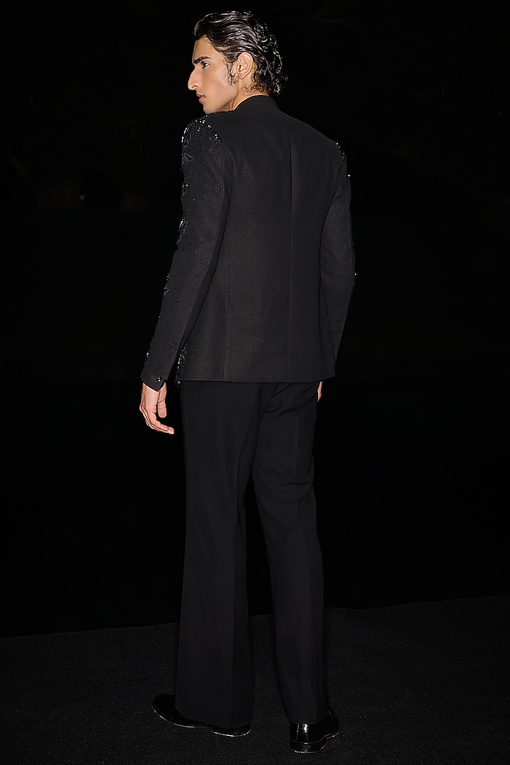 Black Textured Suiting Crystal Embellished Tuxedo Set by Contrast By Parth at Pernia's Pop Up Shop