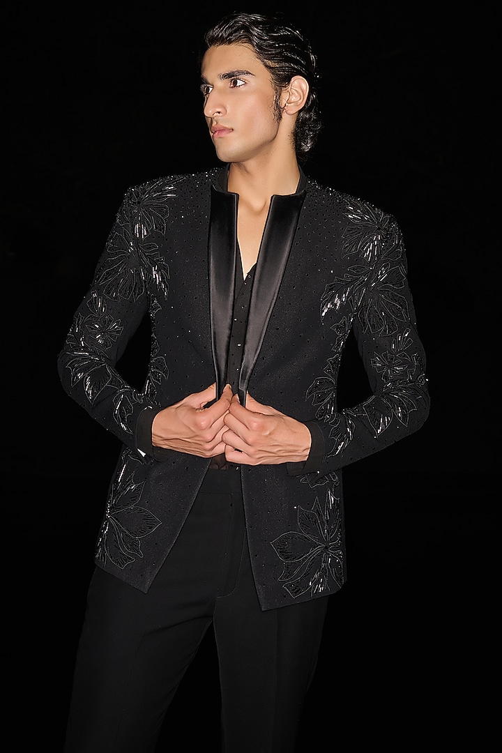Black Textured Suiting Crystal Embellished Tuxedo Set by Contrast By Parth at Pernia's Pop Up Shop