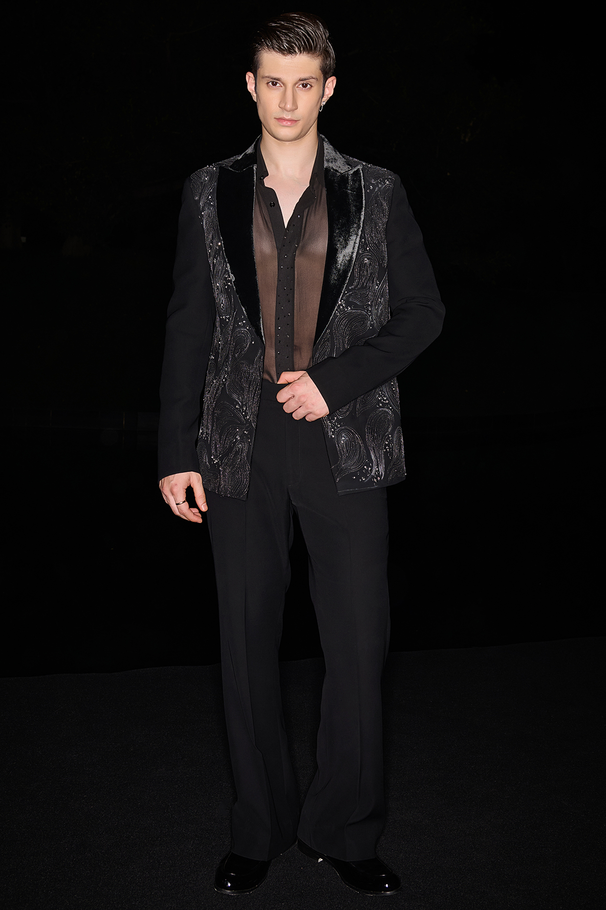 Black Premium Lycra Suiting Cutdana Embroidered Tuxedo Set by Contrast By Parth