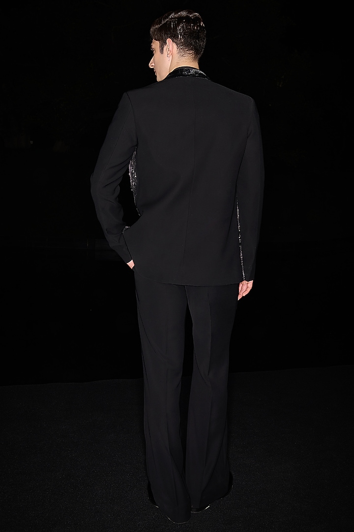 Black Premium Lycra Suiting Cutdana Embroidered Tuxedo Set by Contrast By Parth at Pernia's Pop Up Shop