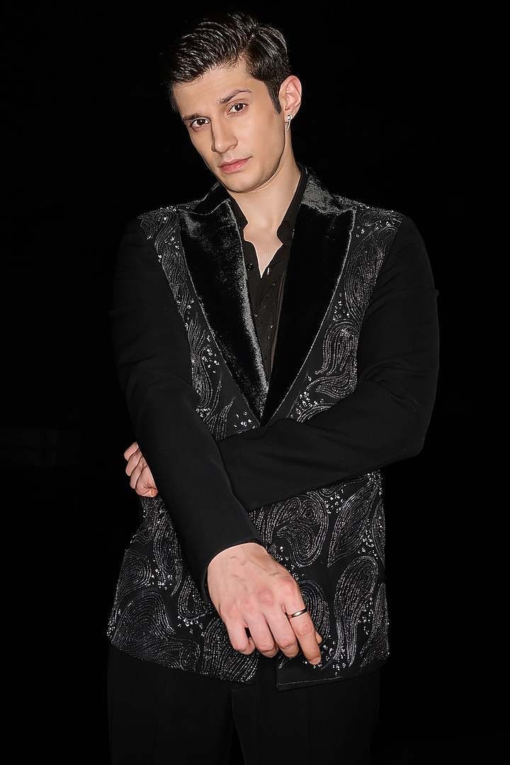 Black Premium Lycra Suiting Cutdana Embroidered Tuxedo Set by Contrast By Parth at Pernia's Pop Up Shop