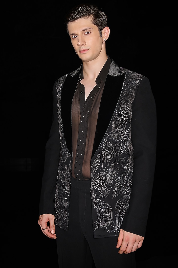 Black Premium Lycra Suiting Cutdana Embroidered Tuxedo Set by Contrast By Parth at Pernia's Pop Up Shop