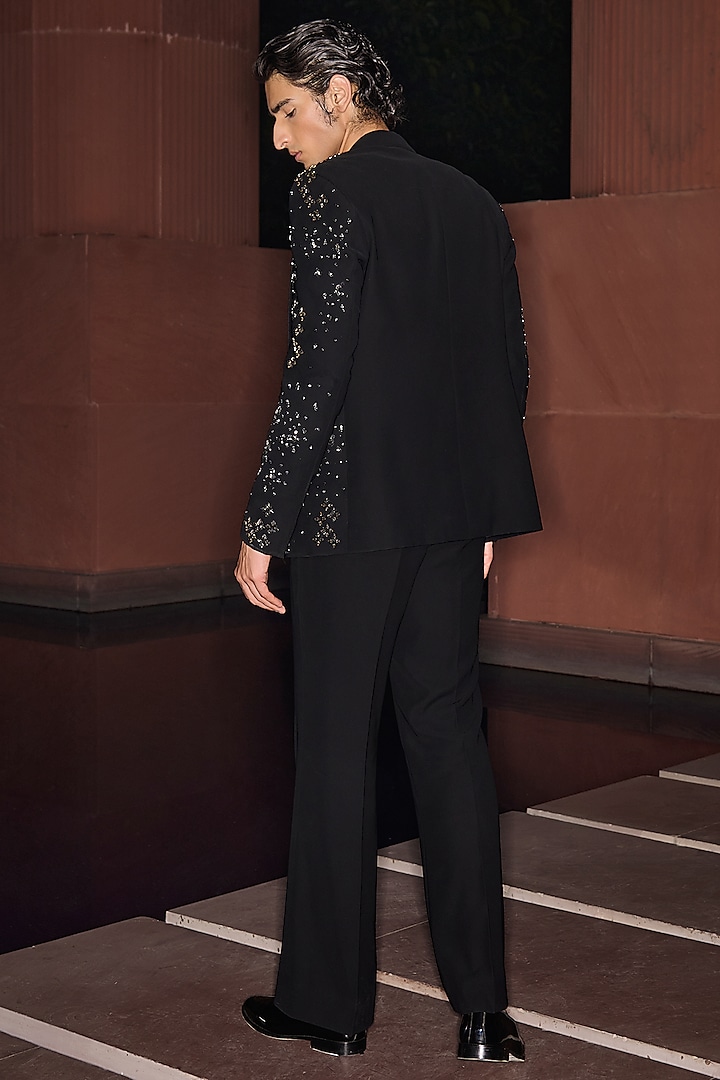 Black Premium Lycra Suiting Crystal Embellished Tuxedo Set by Contrast By Parth at Pernia's Pop Up Shop