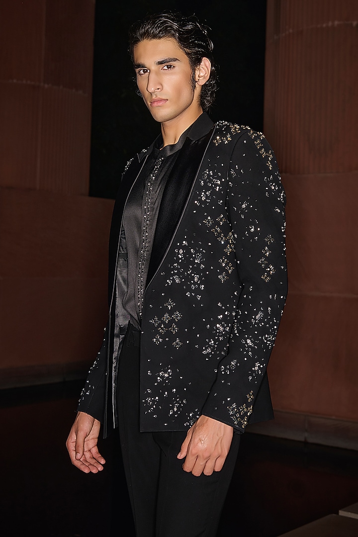 Black Premium Lycra Suiting Crystal Embellished Tuxedo Set by Contrast By Parth at Pernia's Pop Up Shop