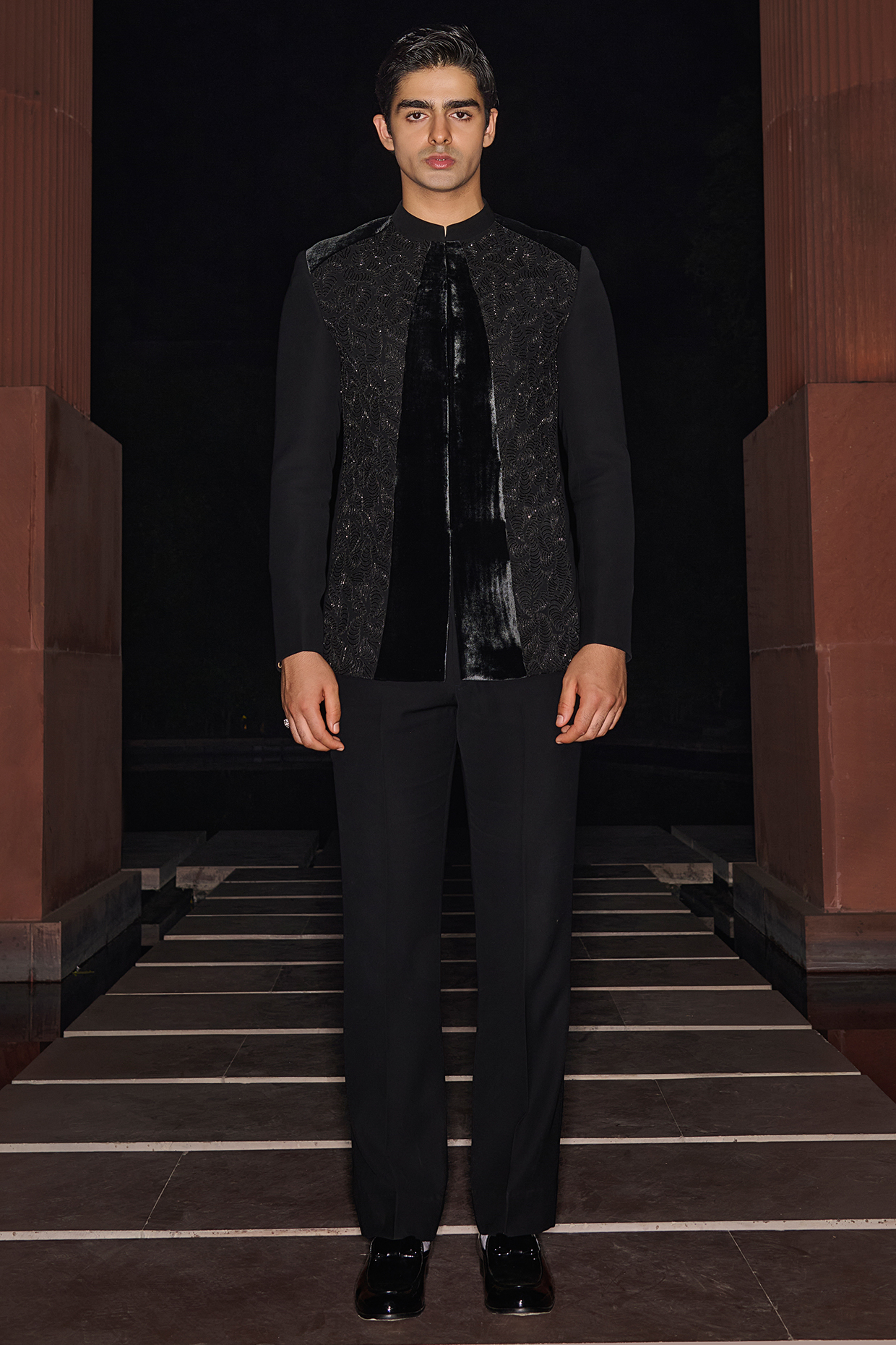 Black Silk Velvet & Premium Lycra Suiting Embellished Tuxedo Set by Contrast By Parth