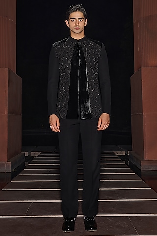 Black Silk Velvet & Premium Lycra Suiting Embellished Tuxedo Set by Contrast By Parth