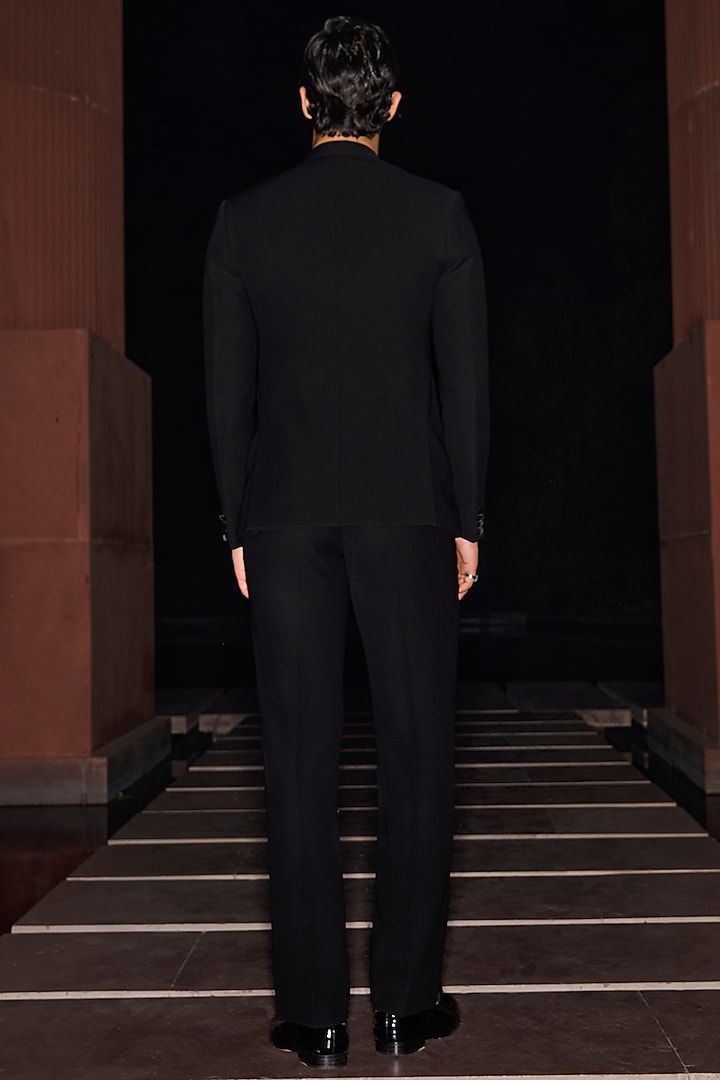 Black Silk Velvet & Premium Lycra Suiting Embellished Tuxedo Set by Contrast By Parth at Pernia's Pop Up Shop