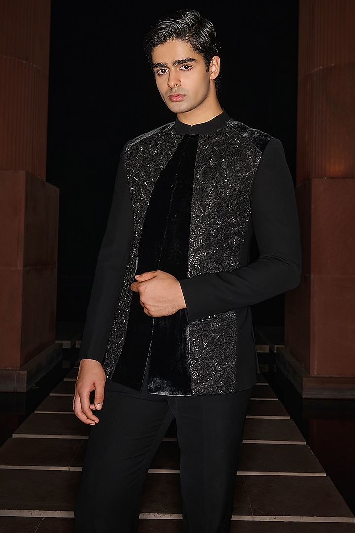 Black Silk Velvet & Premium Lycra Suiting Embellished Tuxedo Set by Contrast By Parth at Pernia's Pop Up Shop