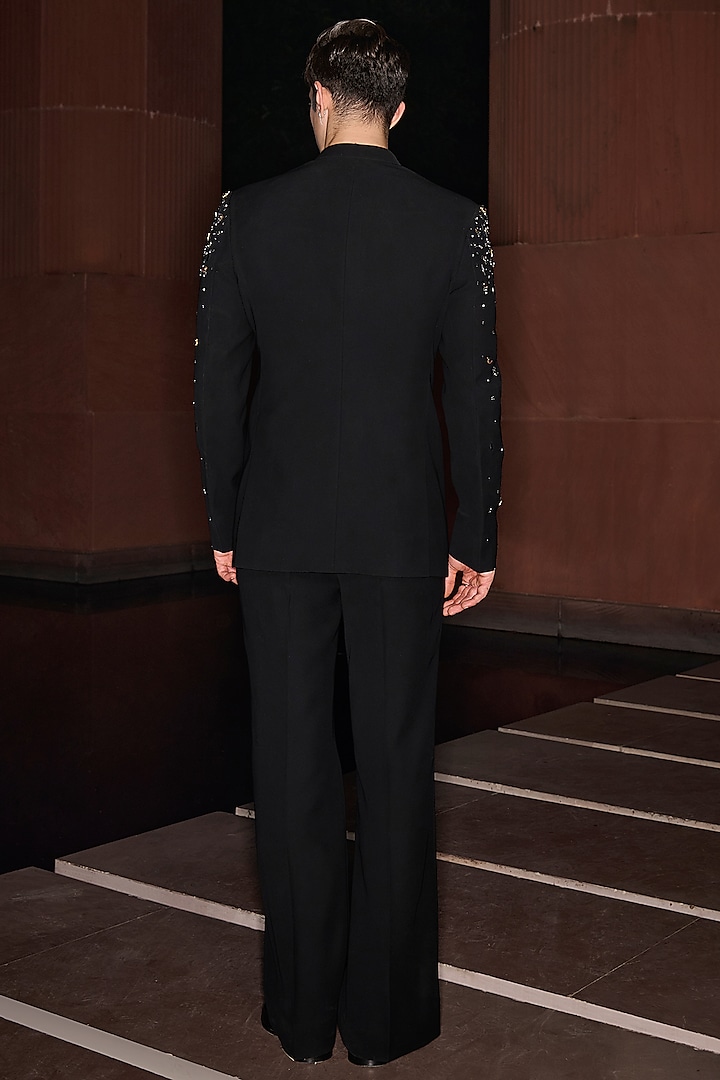 Black Premium Lycra Suiting Crystal Work Wedding Bandhgala Set by Contrast By Parth at Pernia's Pop Up Shop