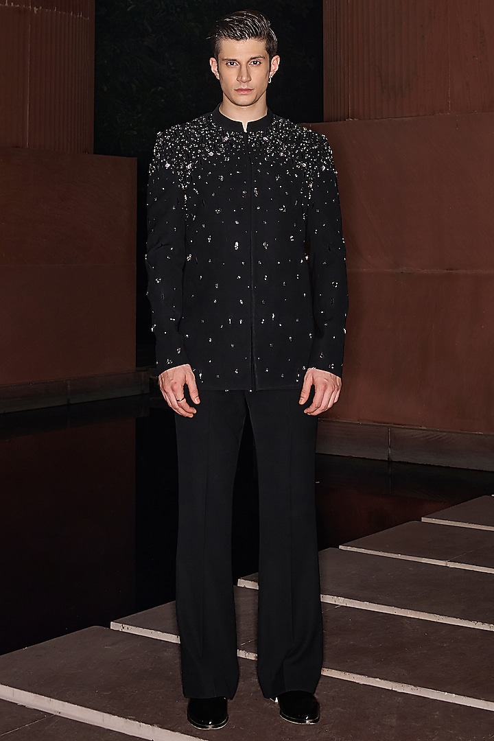 Black Premium Lycra Suiting Crystal Work Wedding Bandhgala Set by Contrast By Parth at Pernia's Pop Up Shop