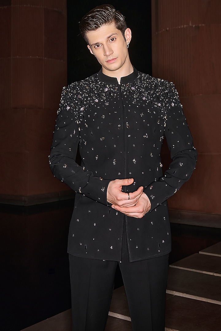Black Premium Lycra Suiting Crystal Work Wedding Bandhgala Set by Contrast By Parth at Pernia's Pop Up Shop