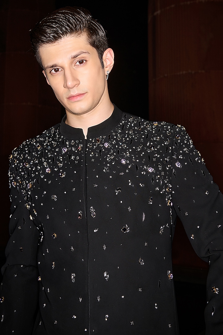 Black Premium Lycra Suiting Crystal Work Wedding Bandhgala Set by Contrast By Parth at Pernia's Pop Up Shop