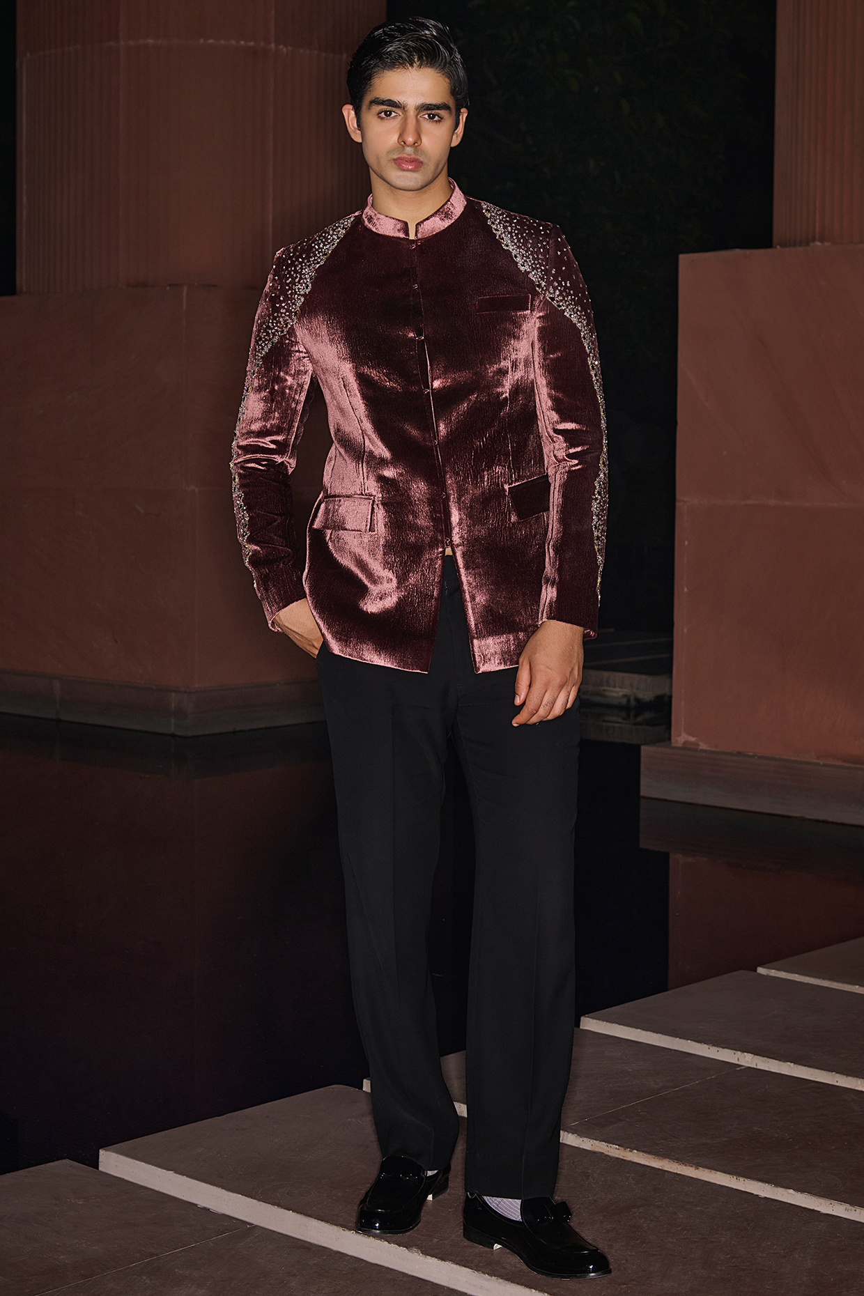 Mocha Wine Silk Velvet Crystal Embroidered Bandhgala Set by Contrast By Parth