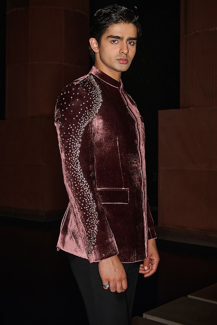 Mocha Wine Silk Velvet Crystal Embroidered Wedding Bandhgala Set by Contrast By Parth at Pernia's Pop Up Shop