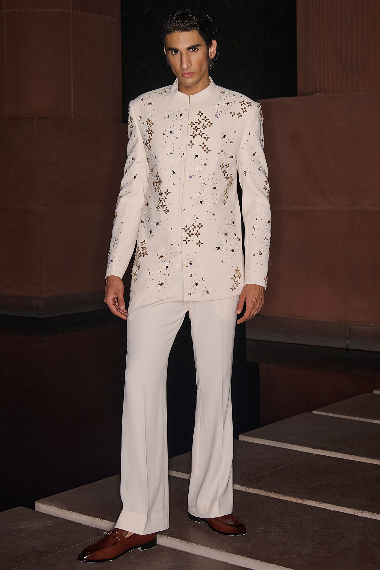 Off-White Premium Lycra Suiting Crystal Work Bandhgala Set by Contrast By Parth