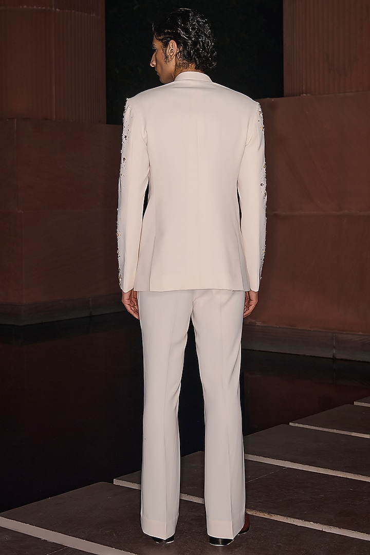 Off-White Premium Lycra Suiting Crystal Work Wedding Bandhgala Set by Contrast By Parth at Pernia's Pop Up Shop