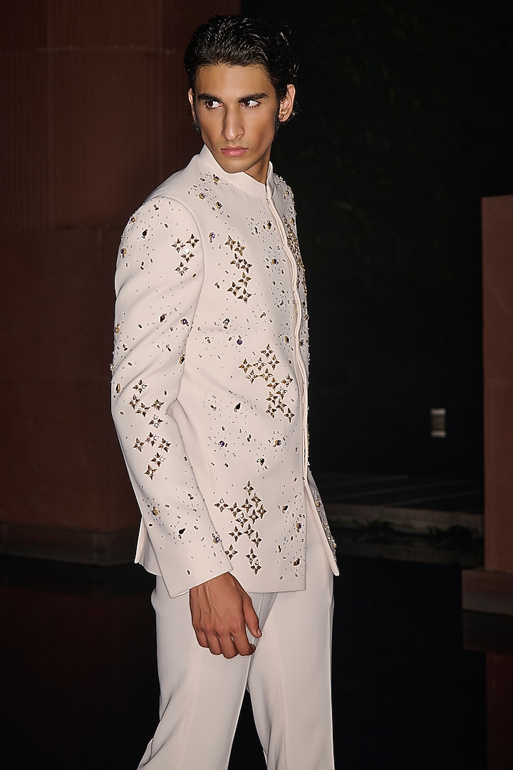 Off-White Premium Lycra Suiting Crystal Work Wedding Bandhgala Set by Contrast By Parth at Pernia's Pop Up Shop