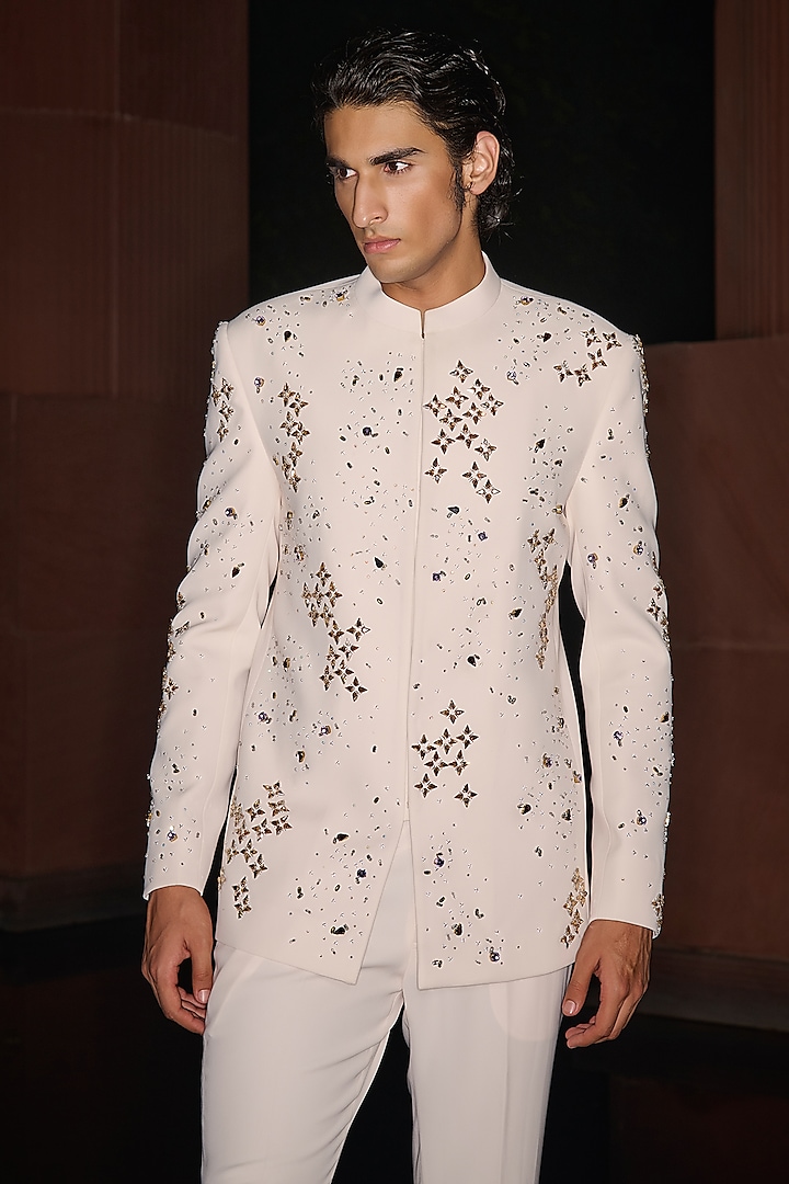Off-White Premium Lycra Suiting Crystal Work Wedding Bandhgala Set by Contrast By Parth at Pernia's Pop Up Shop