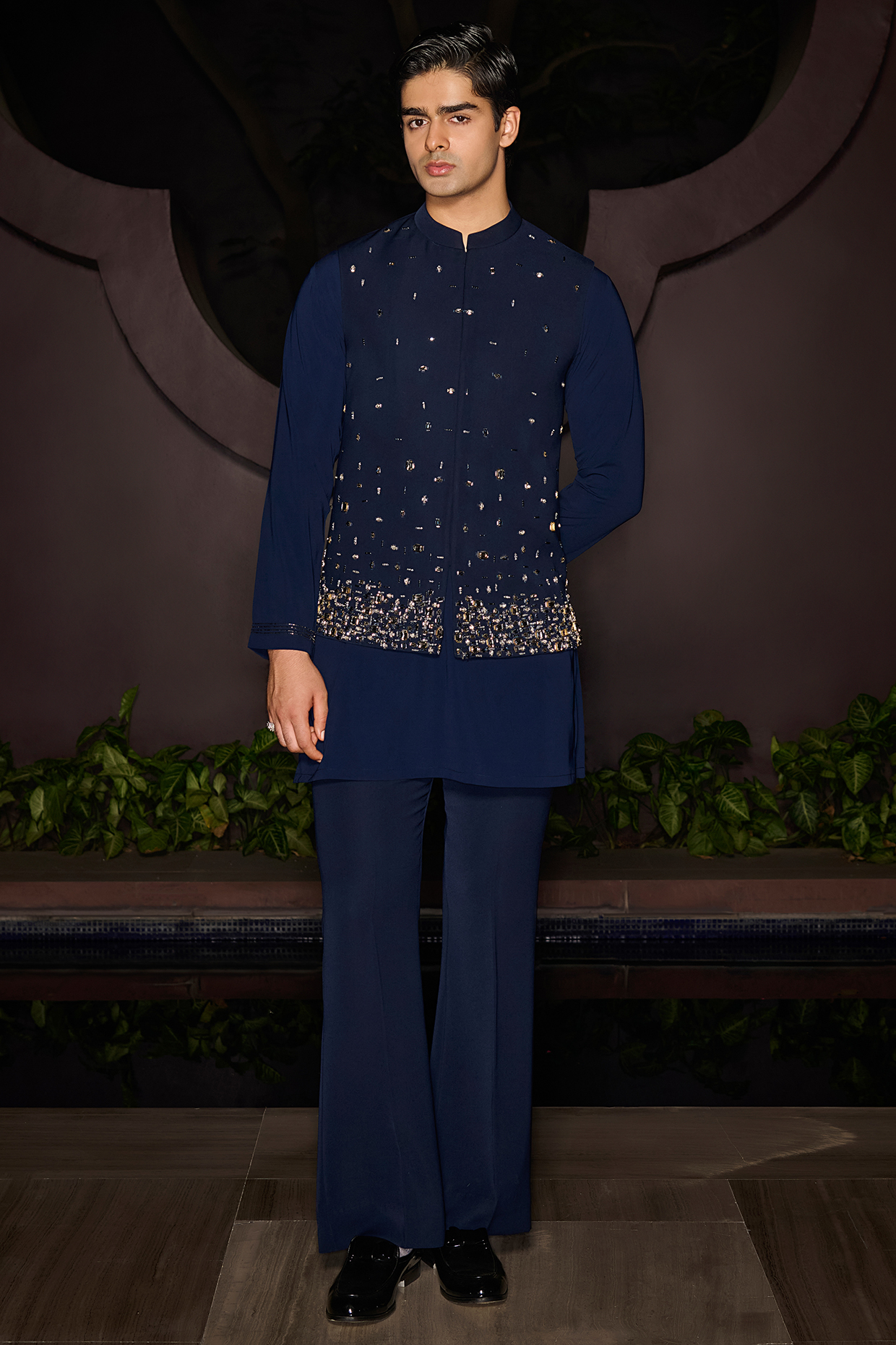 Blue Premium Lycra Suiting Stone Embellished Nehru Jacket Set by Contrast By Parth