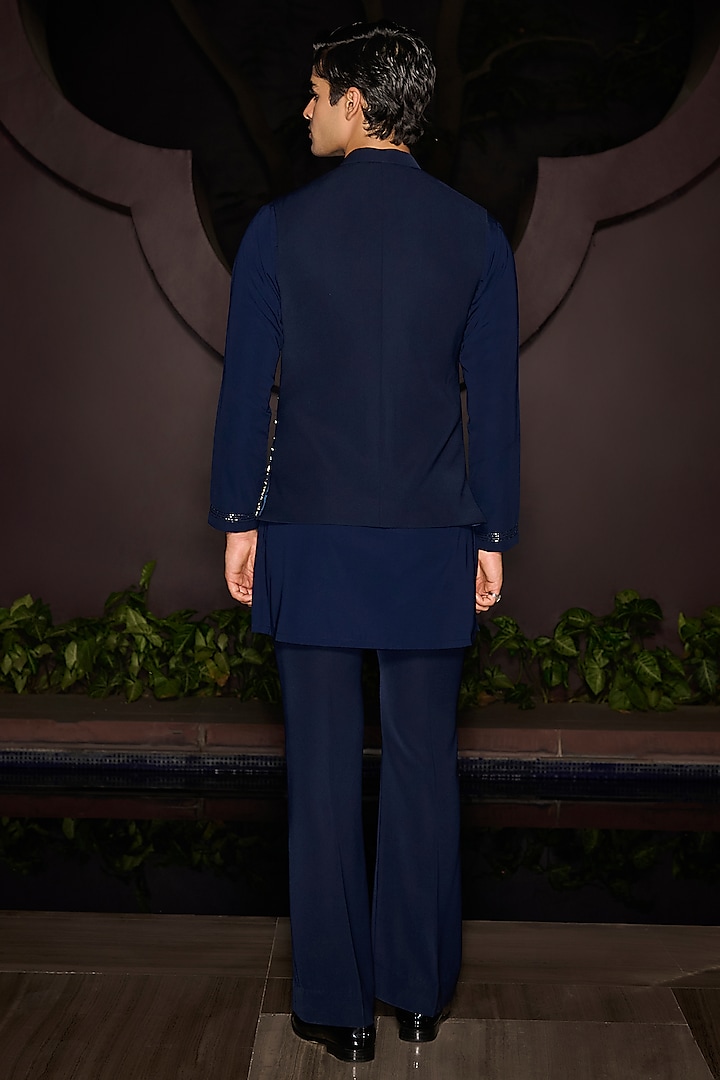 Blue Premium Lycra Suiting Stone Embellished Nehru Jacket Set by Contrast By Parth at Pernia's Pop Up Shop