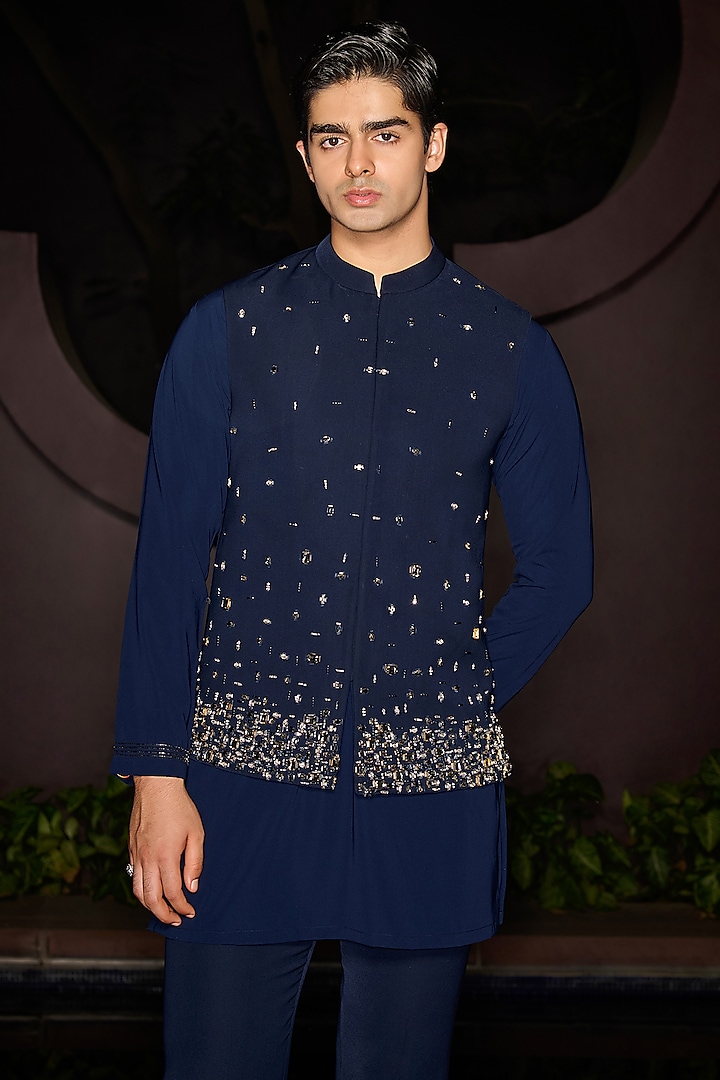 Blue Premium Lycra Suiting Stone Embellished Nehru Jacket Set by Contrast By Parth at Pernia's Pop Up Shop