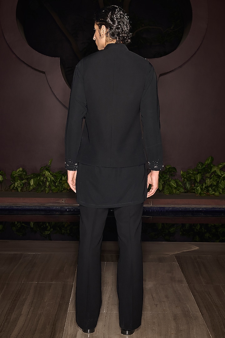 Black Premium Lycra Suiting Stone Embellished Nehru Jacket Set by Contrast By Parth at Pernia's Pop Up Shop