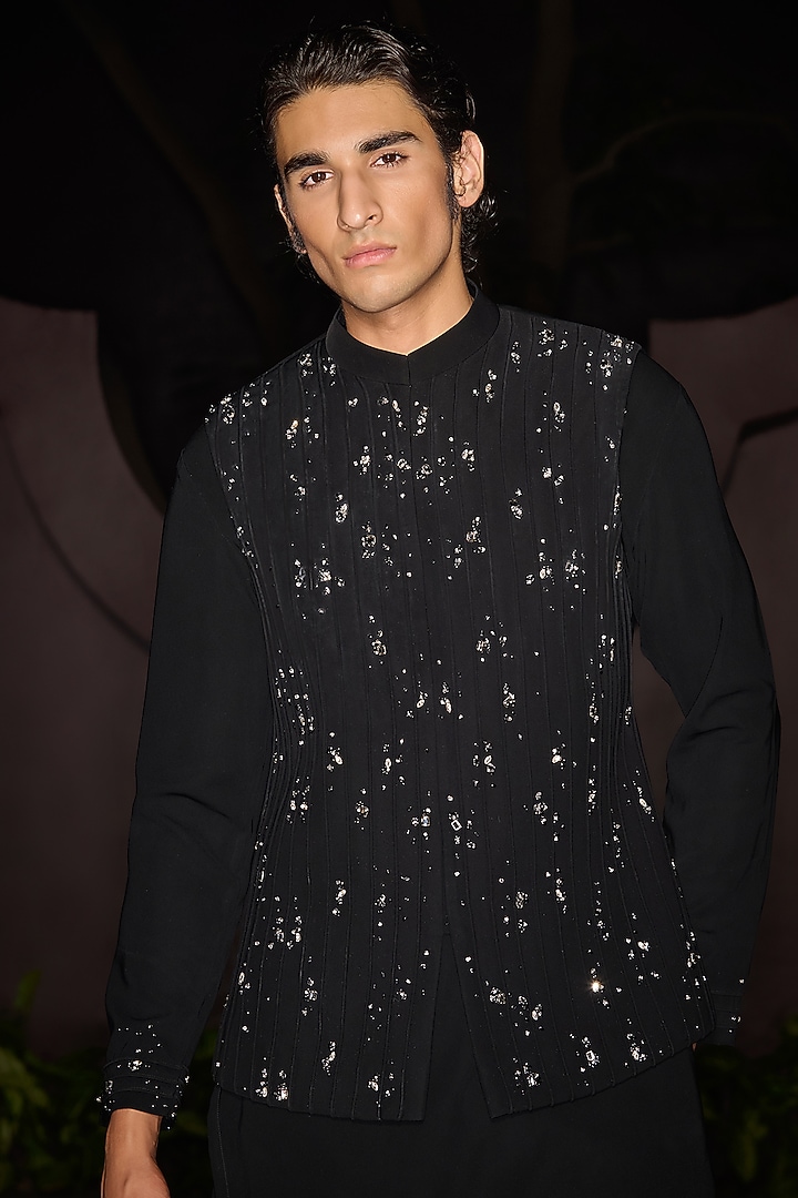 Black Premium Lycra Suiting Stone Embellished Nehru Jacket Set by Contrast By Parth at Pernia's Pop Up Shop