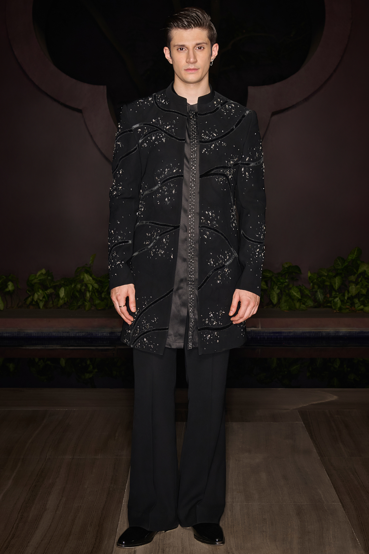 Black Premium Lycra Suiting Crystal Embellished Open-Sherwani Set by Contrast By Parth