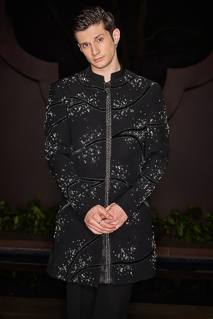 Black Premium Lycra Suiting Crystal Embellished Open-Wedding Sherwani Set by Contrast By Parth at Pernia's Pop Up Shop