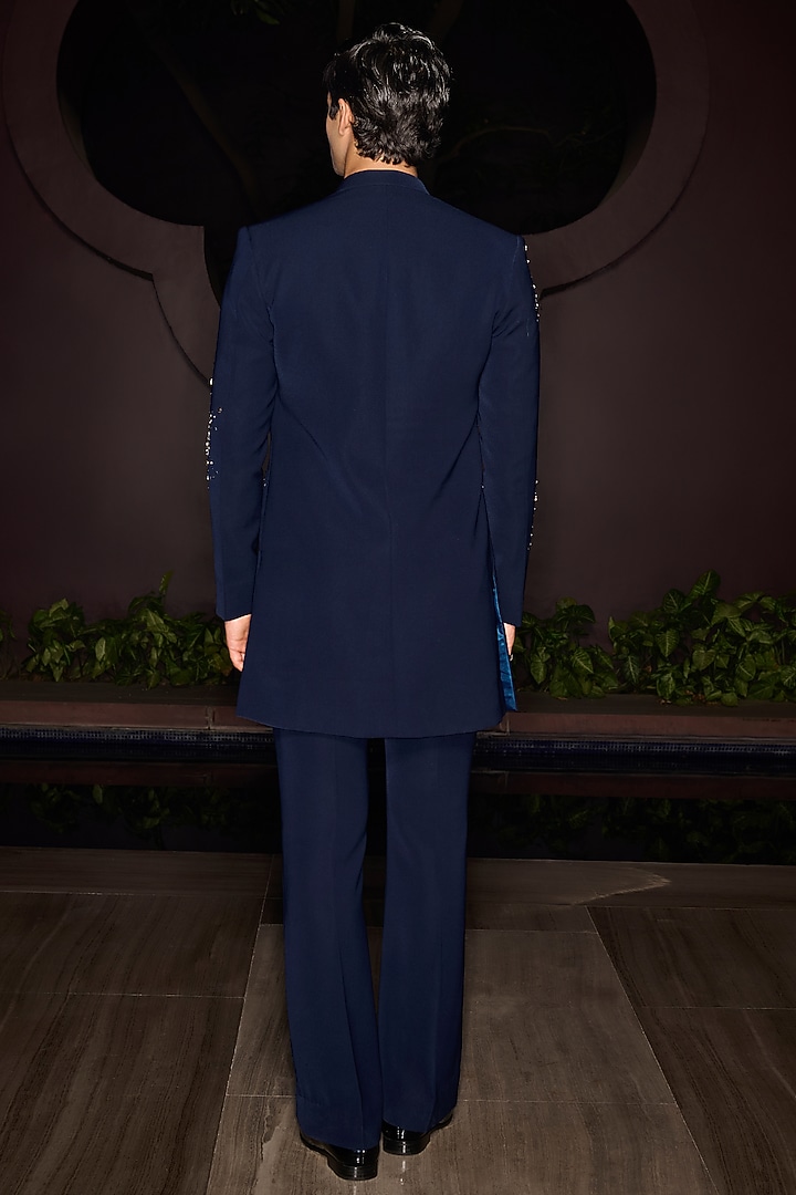 Blue Premium Lycra Suiting Crystal Work Open-Wedding Sherwani Set by Contrast By Parth at Pernia's Pop Up Shop