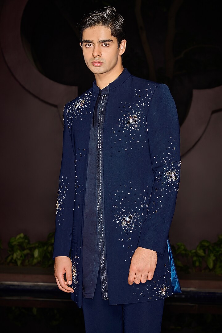 Blue Premium Lycra Suiting Crystal Work Open-Wedding Sherwani Set by Contrast By Parth at Pernia's Pop Up Shop