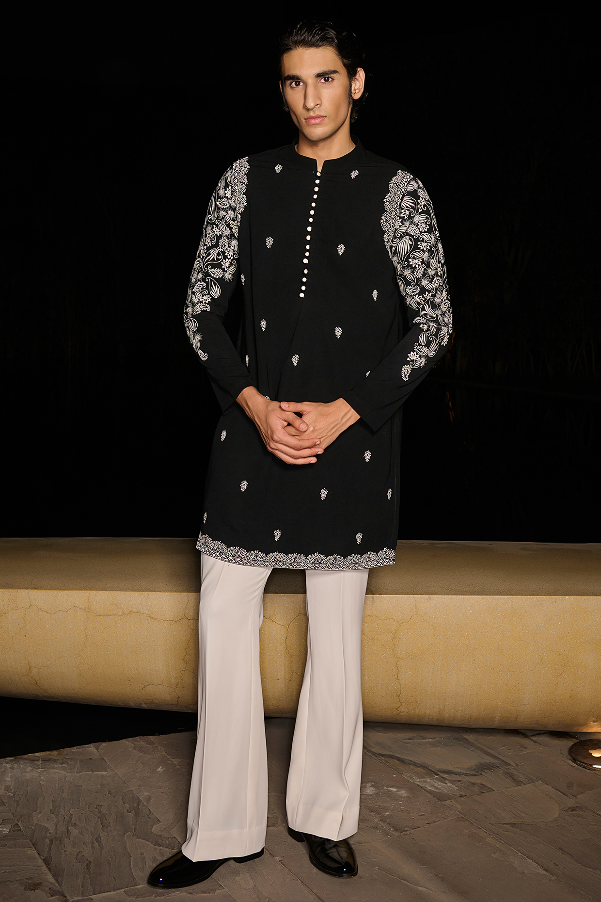 Black Tokyo Silk Resham Embellished Kurta Set by Contrast By Parth