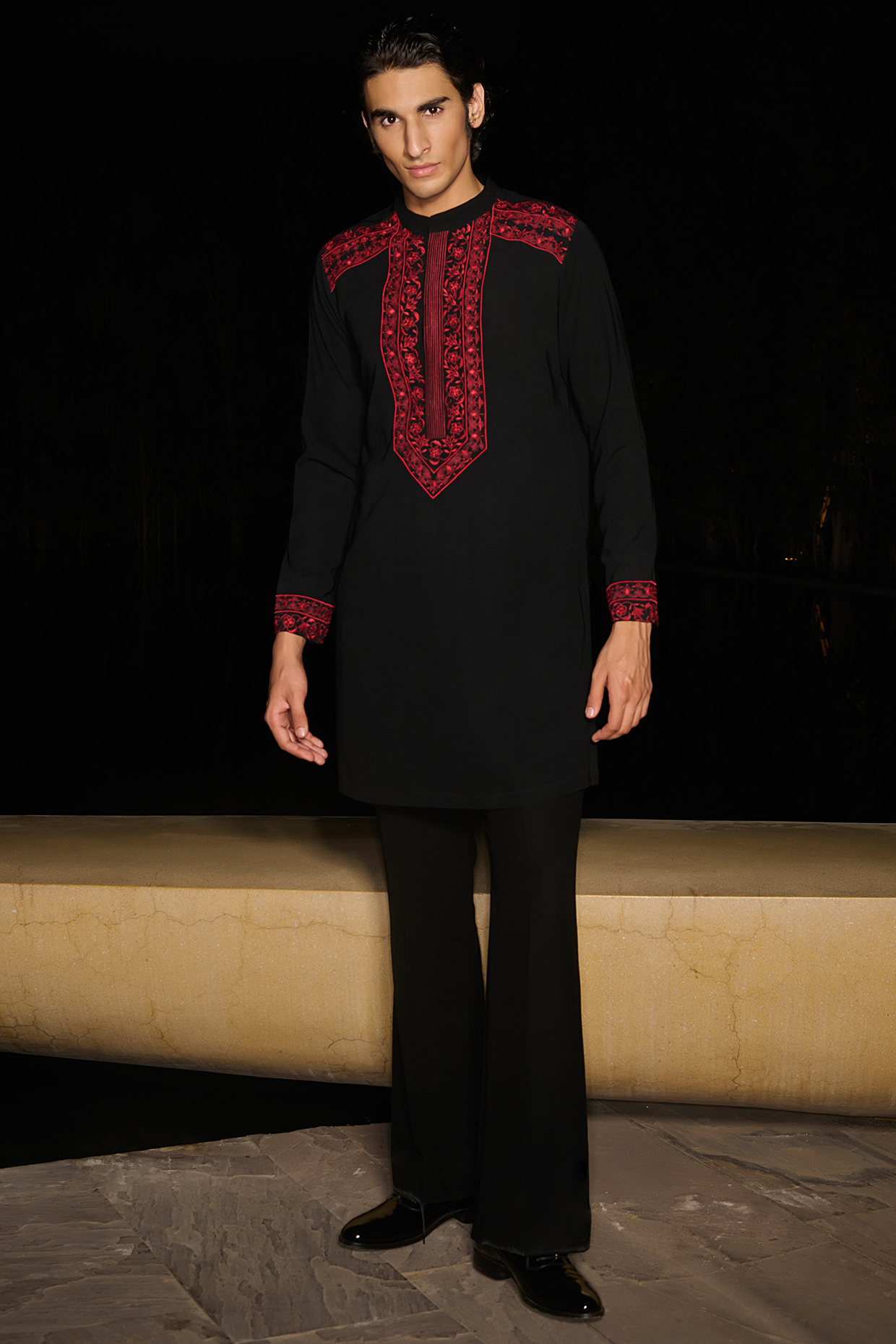 Black Tokyo Silk Resham Embellished Kurta Set by Contrast By Parth