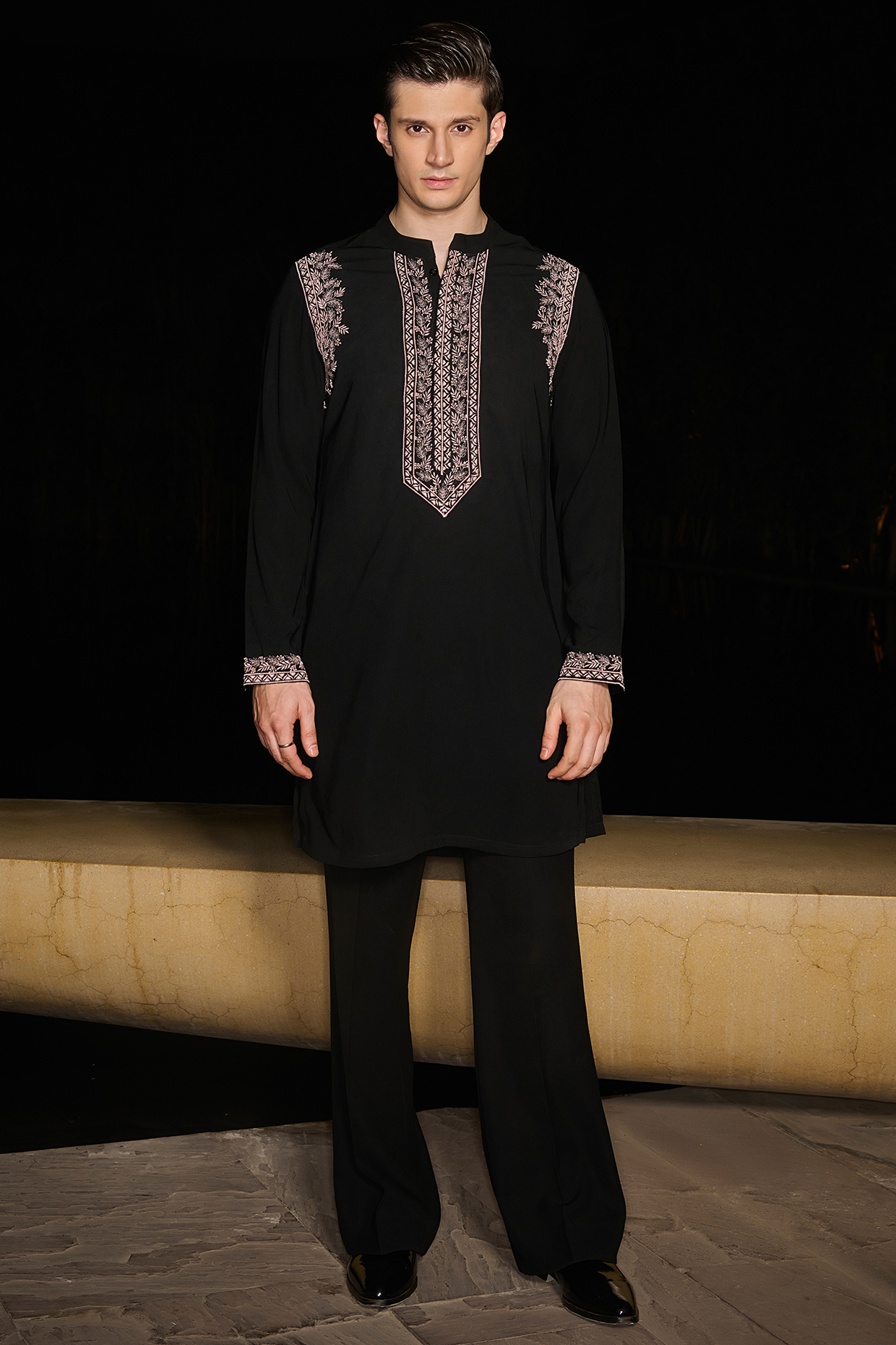 Black Tokyo Silk Resham Embellished Kurta Set by Contrast By Parth