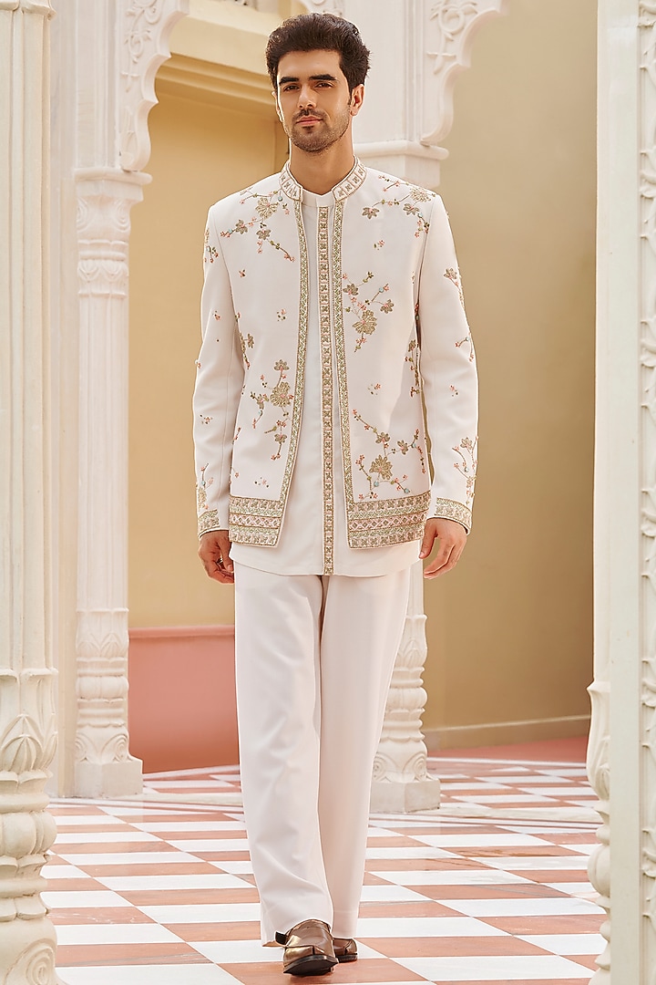 Ivory Twill Suiting Hand & Machine Embroidered Jacket Set by Contrast By Parth at Pernia's Pop Up Shop